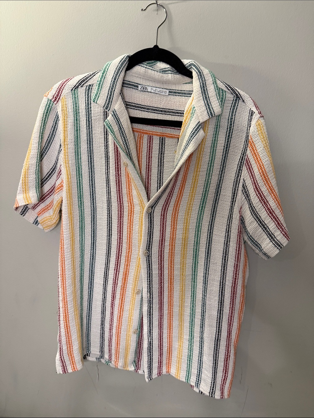 ZARA White Multicolor Vertical Stripe Short-Sleeve Button-Down Shirt